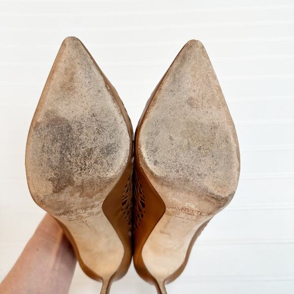 Jimmy Choo Romy 100 Brown Laser Cut Leather Pumps Heels Perforated Canyon 37 - Picture 7 of 14
